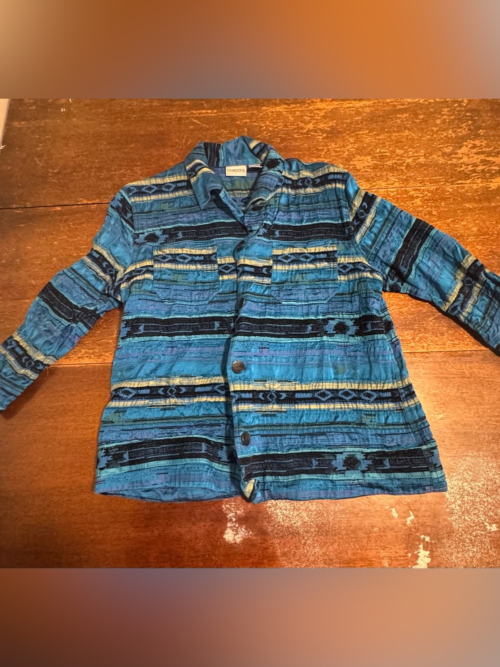 Chico's Turquoise & Navy Striped Button-Front Jacket